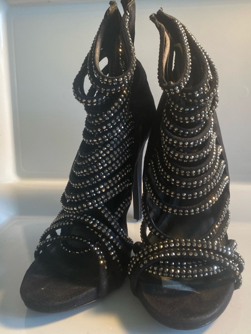 bebe Black Crystal-Embellished Strappy High Heels